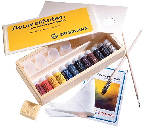 Stockmar Aquarellfarbe 20 ml, Künstler-Sortiment 12 Farben im Holzkasten, mit Pinsel und Zubehör