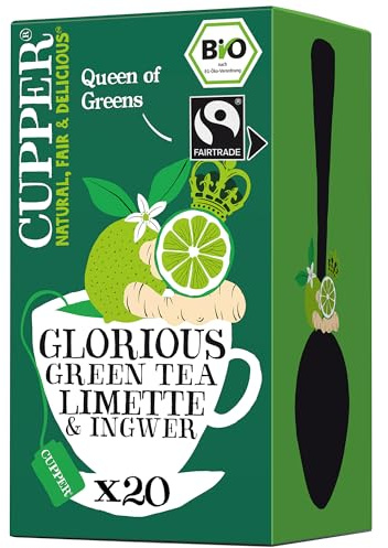 Cupper Bio Grüner Tee | Limette & Ingwer | 20 plastikfreie Teebeutel | Erfrischender Grüntee | ungebleicht & plastikfrei | mit Ingwer & Limette | fair gehandelt