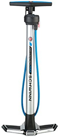 Schwinn Air Center Max Floor Bike Pump, Fits Schrader and Presta Valve Types, With Pressure Gauge, Silver