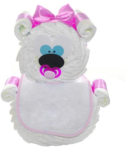 Gâteau de couches en forme d'ourson rose - Avec attache-tétine et nom en option - Cadeau de naissance (sans attache-tétine)