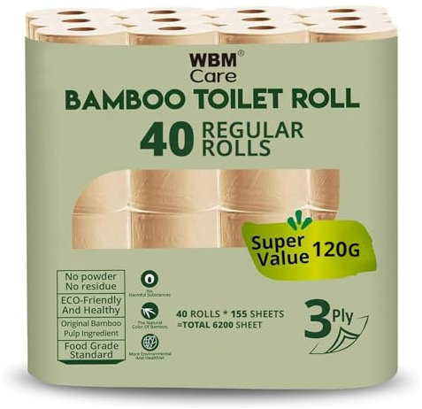 WBM Rotolo di carta igienica in bambù, 36 Mega Family = 108 rotoli normali, 200 fogli/ogni totale 7200 fazzoletti da bagno, 36 pezzi
