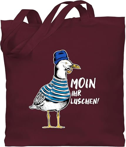 Baumwolltasche - Sprüche Statement - Moin ihr Luschen - Coole Möwe - Weiß - Unisize - Bordeauxrot - jutebeutel norddeutsch mit aufschrift möwen beutel stoffbeutel statements möwe, stofftasche