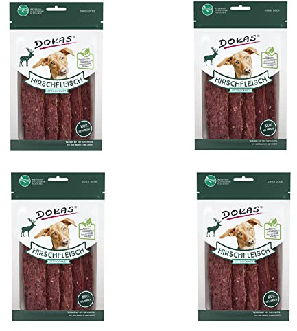 Dokas Dog Hirschfleisch getrocknet | 4er Pack | 4 x 60g | Ergänzungsfuttermittel für Hunde | Der perfekte Hundesnack für zwischendurch | Leckere Belohnung | luftgetrocknet