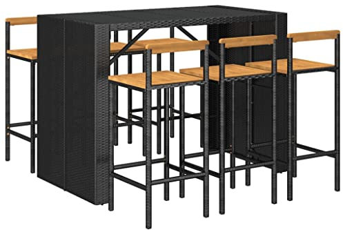 vidaXL Gartenbar Set 7-TLG., Gartenmöbel Bartisch 6 Barstühle, Stehtisch Barhocker für Garten, Sitzgruppe Gartenset, Schwarz Poly Rattan Massivholz Akazie
