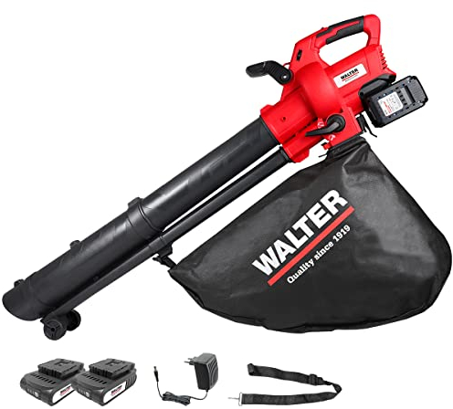 WALTER Professional Li-Ion Akku-Laubbläser und Laubsauger 40V, Blasgeschwindigkeit: 160-210 km/h, Einsaugvolumen 10,3 m³/ min, Laubsackkapazität: 45 l, geringes Gewicht von nur 3,4 kg, inkl. Tragegurt