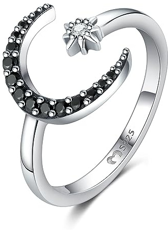 MARLION JEWELS Anillos de mujer en plata de ley abierto de preciosa luna creciente, rodeada de circonitas negras y una estrellita brillante. Anillo plata mujer con acabado plateado o dorado. Joyería