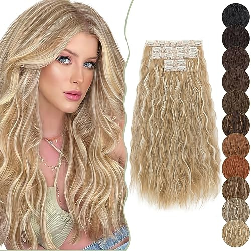 SEGO 60 cm Clip in Extensions 5 Teiliges SET 17 Clips wie Echthaar Haarverlängerungen Haarteile Gewellt lockig günstig für Voller Kopf 250g Mittelblond mit Highlights