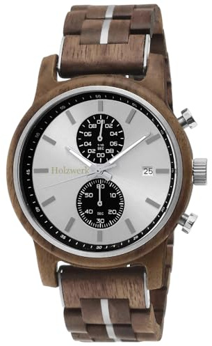 Holzwerk Germany Handgefertigte Designer Herren-Uhr Öko Natur Holz-Uhr Chronograph Armband-Uhr Analog Quarz-Uhr Braun Blau Datum Holz