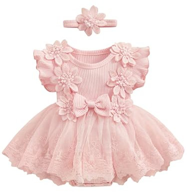 ZZLBUF Nyfödd spädbarn flicka höst kläder set blomma spets långärmad tutu sparkdräkt klänning pannband 2 st kläder, 3d blomma spets rosa, 0-3 Månader
