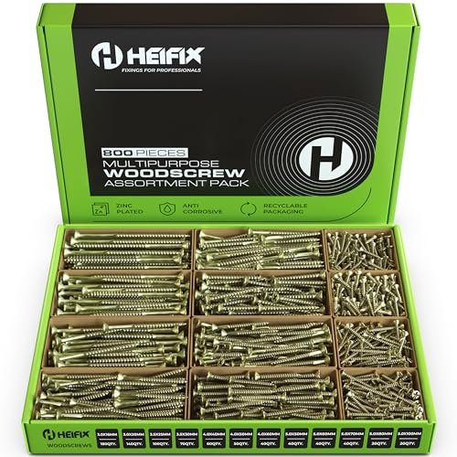 Heifix 800-Piece Wood Screw Assortment Set In Eco Storage Box - FREE Screw Bit Included - Double Countersunk, Pozi, Heavy Duty - For DIY, Floorboard, Wood Fences