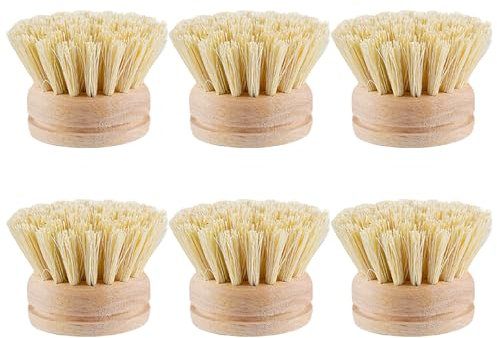 Hintyne Dish Brush Replacement Heads, 6Pcs, Sisal Bristles, Wooden Handle, Round Design, 2x2 Size, Eco-Friendly, Long-Lasting