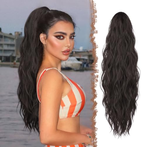FESHFEN Gewellt Pferdeschwanz Haarteil mit Klammer, Cruly Lang Zopf Extensions Claw Clip in Wavy Ponytail Extension Synthetik Haarverlängerung für Frauen Damen 63cm Schwarz Braun