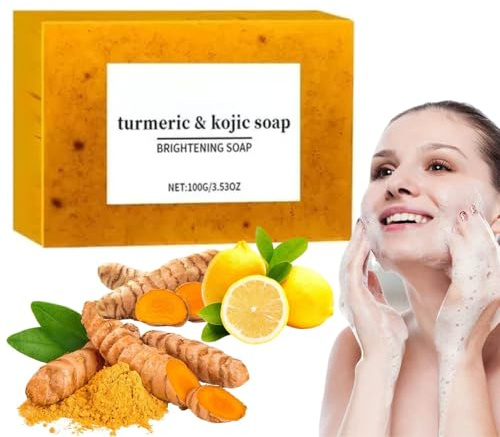 Turmeric & Kojic Acid Brightening Soap Bar with Lemon Extract & Licorice Root - Daily Facial and Body Cleanser for Glowing Skin,Fades Dark Spots & Acne Even Skin Tone, (1PCS).(100g).