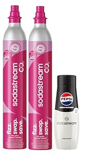 Sodastream Lot de 2 Recharges de gaz supplémentaire 60L Quick Connect à clipser + 1 Concentré Pepsi Zéro Sucres
