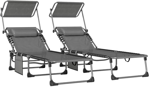 Outsunny Set de 2 Tumbonas Jardín Exterior, Tumbonas Plegables con Reposacabezas, Parasol y Bolsillo Lateral, Respaldo Reclinable 5 Posiciones y Asiento Malla Transpirable para Playa, Piscina, Gris
