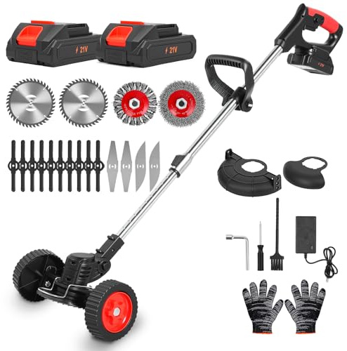 Desbrozadora inalámbrica 850 W, Kit telescópico con 2 baterías de 21 V 2.0 Ah, 5 Cuchillas y cortacésped eléctrico con Rueda guía para Recortar el césped, desbrozar y podar Malas Hierbas