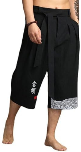 Générique Pantalon Homme Long et Court en Lin Style Japonais Traditionnel Pantalon Large Sarouel Hakama Harajuku Streetwear Taille