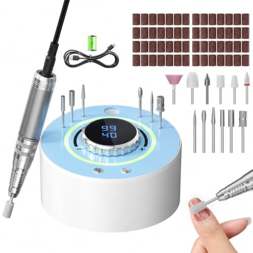 Fresa per Unghie Professionale 36000 RPM, Limetta Portatile per Gel Acrilico con 12 Testine Di Levigatura, Display LCD Ricaricabile a Batteria, Rotazione Bidirezionale, Senza Fili, Silenziosa (Blu)