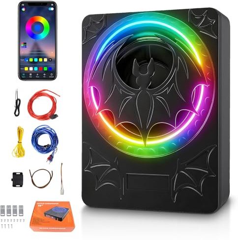1200W RGB subwoofer, tunn subwoofer för bilar och förstärkarpaket med rytmsynkroniserad RGB-belysning, individuell kontroll för lågpass, fladdermusmönster