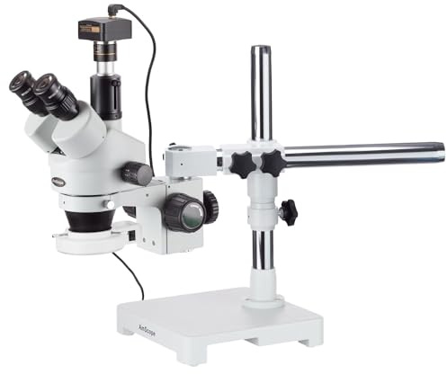 AmScope SM-3T-54S-5M Digital Professional Trinocular Stereo Zoom Microscope, WH10x Eyepieces, 7X-45X Magnification, 0.7X-4.5X Zoom Objective, 54-Bulb LED Light, Single-Arm Boom Stand, 110V-240V, Includes 5MP Camera with Reduction Lens and Software
