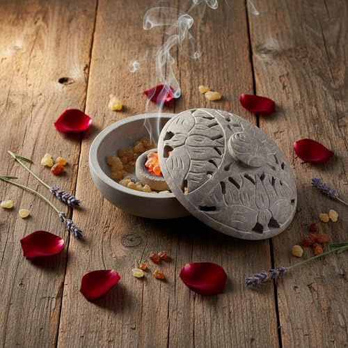 Budawi® Speckstein Räucherschale mit Deckel – 9 cm Ø, 5 cm hoch – filigranes Muster, auch als Schmuckdose & Räucherstäbchenhalter – multifunktional, handgefertigt