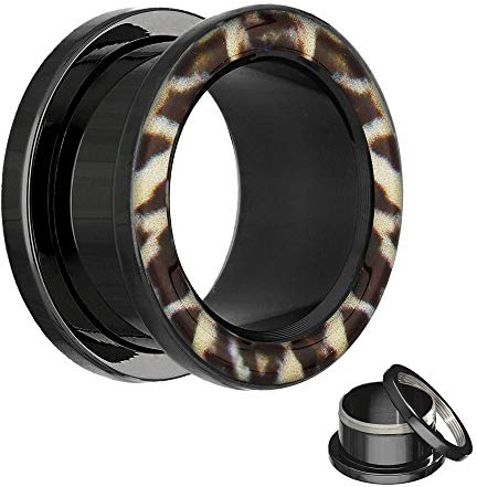Treuheld® | Motiv Flesh Tunnel - Leopard - 17 Größen: 2mm - 30mm - LEO Tunnel zum Schrauben - Piercing Ohr Plug aus schwarzem Chirurgenstahl (Edelstahl) - Stahl Schwarz
