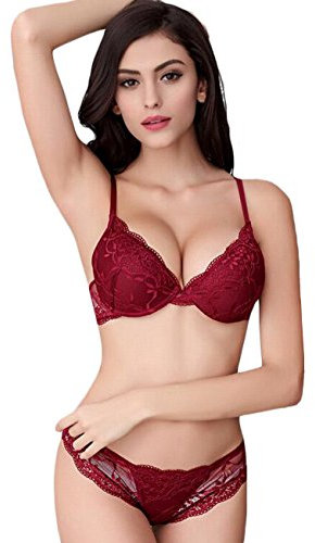 Bluewhalebaby Sexy Push Up Bras Set Transparent Underwear Lingerie Lace Bra & Matching Knicker for Women Wine Red UK Size 32B = Asian Tag Size 34B
