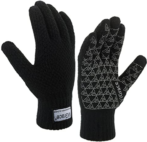 ViGrace Winter Warm Touchscreen Gloves for Men and Women Touch Screen Fleece Lined Knit Anti-Slip Wool Glove (Black, Medium)