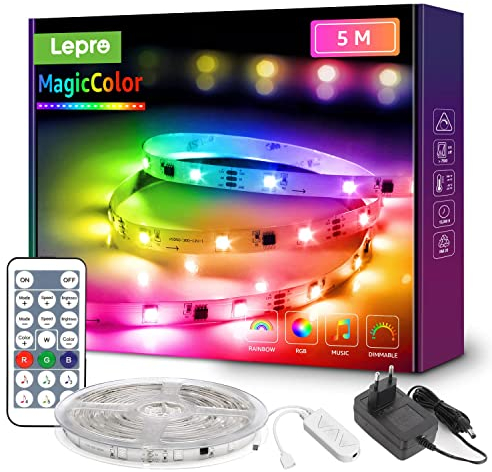 Lepro LED Strip 5M, LED Streifen Lichterkette MagicColor Musik mit Fernbedienung, Band Lichter, RGB Dimmbar Lichtleiste Light, Lichtband Leiste, Kette Bunt für Party Weihnachten Deko