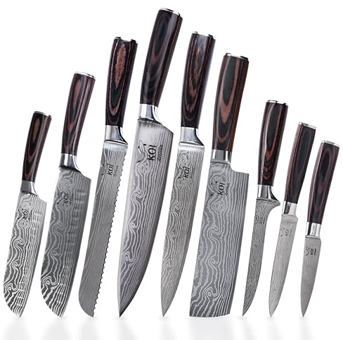 KOI ARTISAN Kitchen Knife Set 9 Pieces - Stainless Steel Chef Knife Set with Ergonomic Pakka Wood Handle