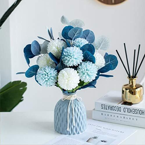 FLCSIed Artificial Flowers Vintage Chrysanthemum Floral Eucalyptus Silk Flowers for Bridal Wedding Bouquet Table Centerpiece Home Party Decor（Vase not included） (Blue)