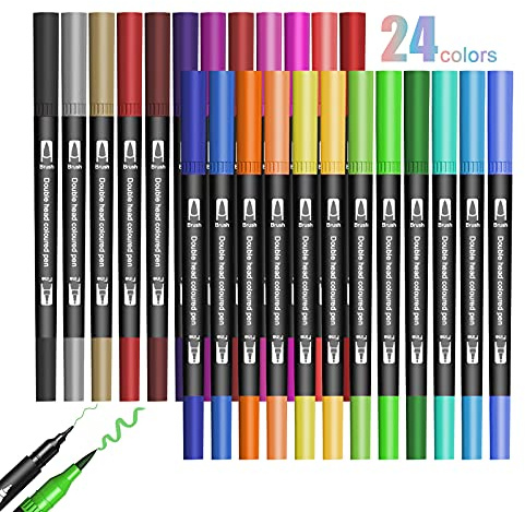 Jsdoin 24 Farben Filzstifte Dual Brush Pinselmarker, Feine Spitze & Pinselspitze Art Dual Brush Pen Set für Zum Ausmalen, Zeichnen, DIY-Projekte, Journaling, Scrapbooking und Schulbedarf