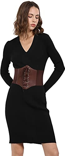 Hoerev Kvinnor Flickor Elastiskt Brett Band Elastiskt Bundet Waspie Korsett Midjebälte，Brun med knapp，3XL