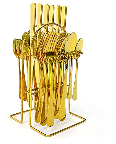 Juego de Cubiertos 24 Piezas, Cubertería en Acero Inoxidable Dorado con Cuchillos Chuleteros, Tenedores, Cucharas, Cubertería con Caja de Regalo