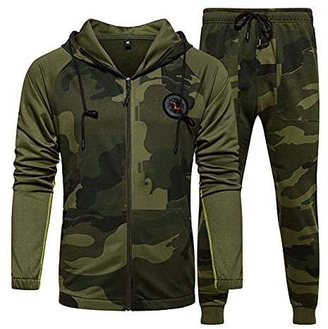 AOTORR Mens Tracksuit Set Gym Jogging Bottoms Full Zip Joggers Sports Suit Hoodie Jacket with Pockets Army Green L