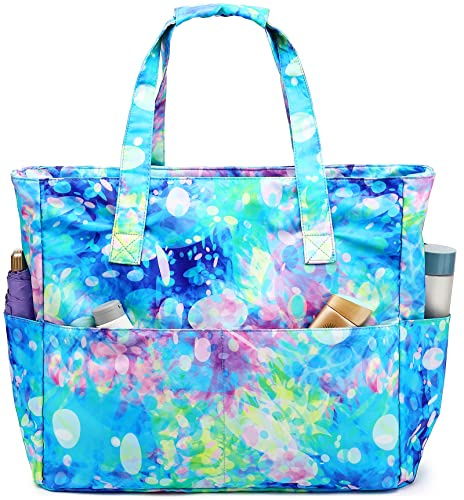 Waterproof Beach Tote Pool Bags for Women Ladies Extra Large Gym Tote Carry On Bag With Wet Compartment for Weekender Travel (Tie Dye Blue)