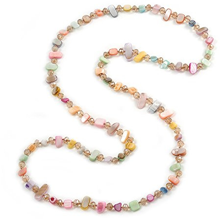 Avalaya Statement Long Pastel Multicoloured Shell Nugget and Glass Crystal Bead Necklace/ 110cm Long