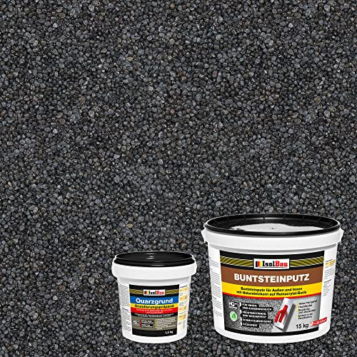 Isolbau - Buntsteinputz für Außen und Innen (Graphit, Anthrazit) 15 kg - BP90 Mosaikputz Dekorationsputz Frostsicher, Wasserfest, Stoßfest - mit Quarzgrund 1,5 kg