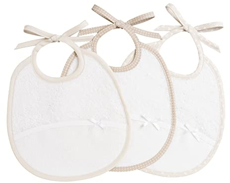 Filet - Set 3 Bavaglini Neonato a forma ovale |spugna bianca di alta qualità |Taschina in tela aida da ricamare | Dims 22x21,5 cm |Palette Bianco e Beige