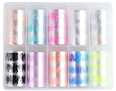 Surakey 10 Rolls Nail Transfert Foil Stickers Autocollant Transfert D'Ongle Foil Stickers Ongle Nail Art Marbre Fleur Flamme Ciel Étoilé Autocollant de Transfert Auto-adhésif pour Nail Décoration