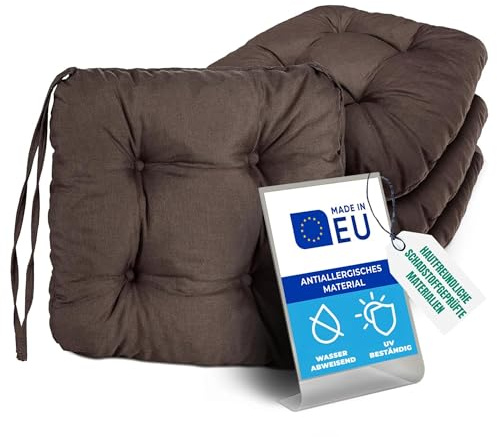 Pillows24 4X Sitzkissen Outdoor 40x40, 8cm dick, Wasser- & UV-beständig | Bändern, Bequeme Stuhlkissen, Stuhlauflage Sitzpolster, Sitzauflage Gartenstuhl, Extra dicke Sitzkissen Stuhl braun