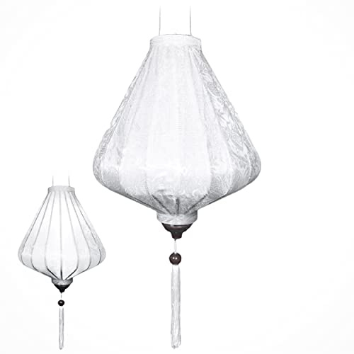 Laterne Lampion Asiatische aus Seide Weiß, A Ø35cm - Traditionelle Hoi An Hängelampe aus Stoff, Bambus und Holz - Dekoration und Handwerk aus Vietnam (A25-B)