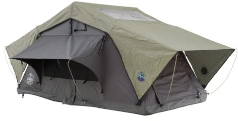 Overland Vehicle Systems HD Nomadic 2 - Tienda de campaña estándar de cubierta suave para techo, base gris oscuro con mosca de lluvia verde y cubierta de viaje de PVC negra de 1000 g, base de aluminio