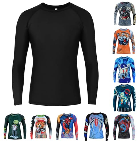 Roar BJJ Kid's MMA Rash Guard Training No-Gi and Gi Jiu Jitsu Rashguard MMA Grappling Compression Shirts Wrestling (US, Alpha, Large, Regular, Black)
