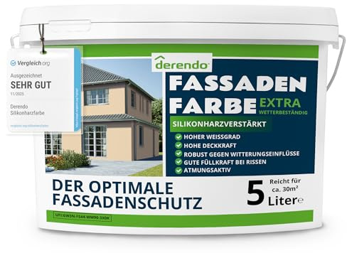 derendo Fassadenfarbe Beige EXTRA silikonharzverstärkt aussen Biscuit 5l | Für Putz Beton, Abperleffekt, wasserabweisend, UV-beständig, hohe Deckkraft, rissfüllend, diffusionsoffen, Made in Germany