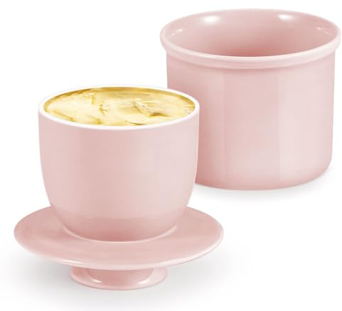 Flexzion Buttertopf aus Porzellan, französische Schale mit Deckel, streichbar, weich und mit Süßwasser versiegelt, Café-Retro-Kollektion, Bauernhaus-Dekor (Rosa)