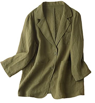 Ownwfeat Printemps Blazer fin en coton et lin à manches longues décontracté pour femme, EN8, M