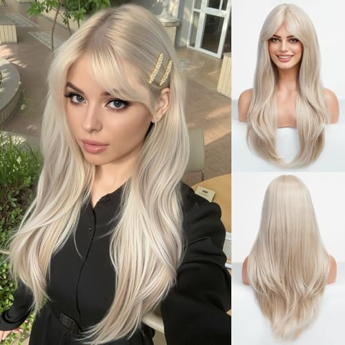 HAIRCUBE Lange Locken/Welle mit Pony Perücken für Frauen Natur Hitzebeständige Kunstfaser Perücken mit Pony Täglich Cosplay (blond)