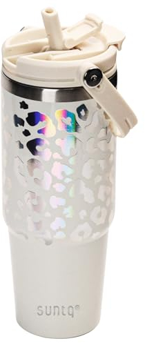 SUNTQ 850ml Tumbler mit Griff und Flip Stroh, Isolierte Edelstahlbecher mit auslaufsicherem 2-in-1-Deckel, wiederverwendbare doppelwandige Wasserflasche, Portable Kaffee-Reisebecher(Off-white/Leopard)