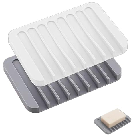 WZDCCBXYNLLSDE, 2 Stück Seifenschale, Seifenschale Silikon mit Ablauf,Seifenschale Ohne Bohren,Rutschfreies Design Seifenablage, für Bad Küche Zähler(Grau+Weiß)